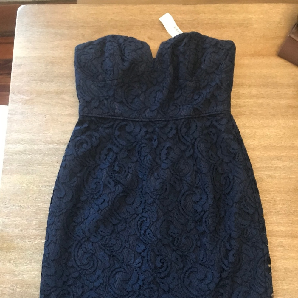 J Crew Navy Strapless Dress Allover Leavers Lace